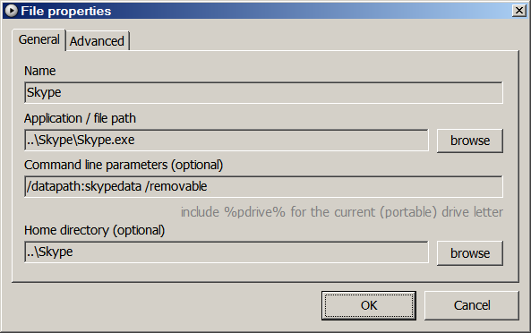 PStart launcher, File properties dialog, General tab